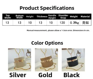 Detailed size chart and dimensions for the rhinestone cylinder handbag with pearl handle