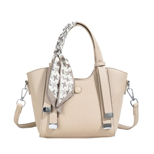 Chic beige lychee leather handbag with houndstooth scarf and adjustable strap