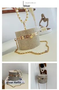 Detail of silver cylindrical evening bag with rhinestone surface and pearl handle