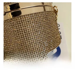 Macro detail of champagne rhinestone cylinder evening bag with gold metal frame