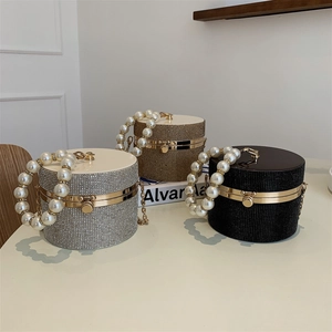 Rhinestone Cylinder Evening Bag With Artificial Pearl Handle Acrylic Box Clutch Luxury Wedding Party Crossbody Purse For Women
