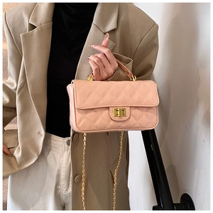 Close-up of pink quilted patent leather bag with gold twist lock and chain strap on model