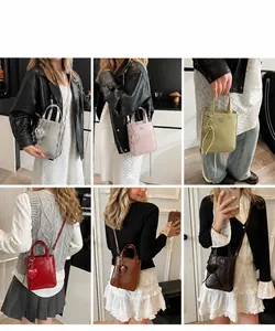Collage of chic small crossbody bags in six colors featuring an elegant heart charm detail
