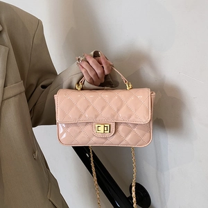 Elegant pink quilted patent leather handbag with gold chain strap for women