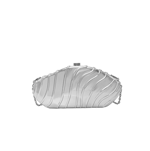 Detail of silver evening clutch bag with wave texture and delicate metal chain strap