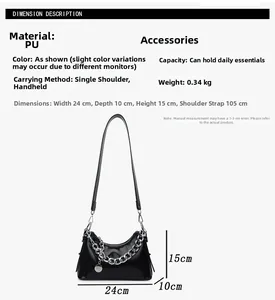 Guide des dimensions pour sac à main en PU noir avec chaîne et mesures précises