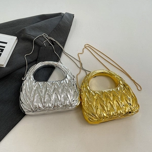 Chic metallic pleated acrylic handbag set in silver and gold with chain shoulder straps