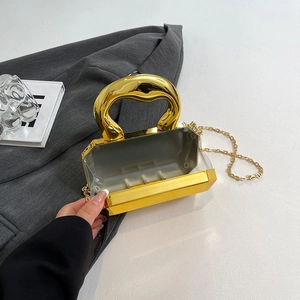 Elegante acryl avondtas met gouden handvat en kettingriem op een grijze blazer