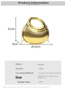 Size chart showing gold acrylic evening bag dimensions: 20.5cm width by 21cm height