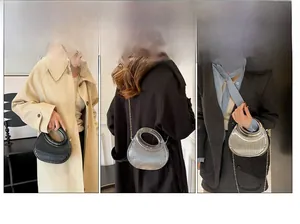 Three-panel view of a pleated crescent handbag in black, silver, and clear acrylic