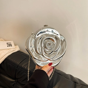 Silver metal rose flower clutch bag with glossy liquid texture and chain strap