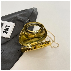 Macro detail of transparent evening bag with golden circular handle and chain strap