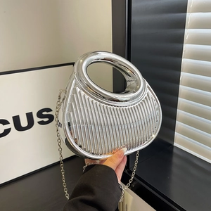 Silver metallic pleated evening clutch handbag with detachable chain strap and FOCUS logo
