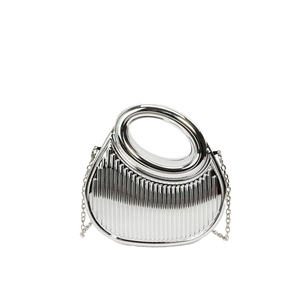 Silver metallic crescent handbag with vertical pleated texture and elegant chain strap