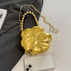 Golden flower-shaped acrylic evening bag with bead handle and chain strap for women