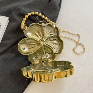 Elegant gold flower shaped evening clutch bag with pearl handle and metal crossbody chain