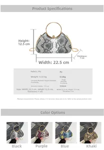 Detail view of the snakeskin evening bag with gold handle and specific size dimensions