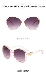 Detail view of pink frame sunglasses with gold butterfly metal hinge and gradient lenses