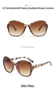 Detail of tortoise frame sunglasses with gold flower accents and gradient tea lenses