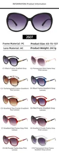 Detailed specs of oversized aviator sunglasses showing PC frame and AC lens dimensions