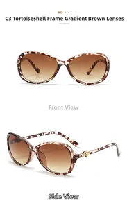 Detail view of tortoiseshell sunglasses with brown gradient lenses and gold circular trim