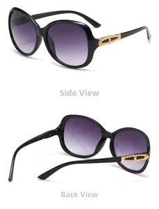 Detail view of purple gradient lenses and golden hollow metal temples on sunshades