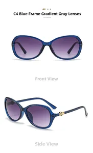 Macro detail of blue frame sunglasses with purple gradient lenses and gold metal accents