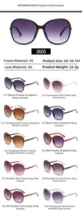 Detailed chart of large frame sunglasses showing PC material specs and 10 color options