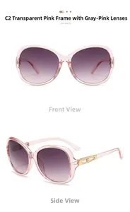 Detail of pink transparent frame sunglasses with gradient lenses and gold metal accents