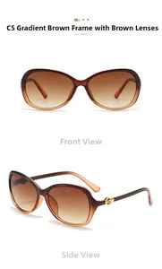 Detail view of large gradient brown sunglasses with gold cylindrical metal hinge accents