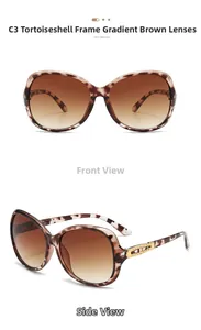 Detail view of tortoiseshell oversized butterfly sunglasses with gradient brown lenses