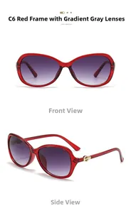 Detail of red frame sunglasses with purple gradient lenses and gold circular metal accents