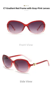 Detail view of large C7 gradient red frame sunglasses with grey-pink gradient lenses