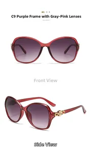 Detail view of purple oversized sunglasses with golden bow floral temple accents