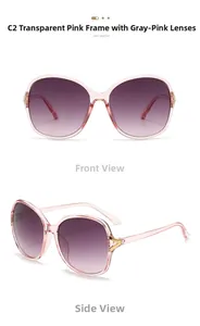 Detail of pink gradient lenses and gold hinge on oversized women's sunglasses