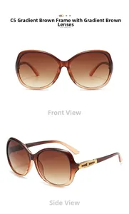 Detailed front and side views of oversized gradient brown sunglasses with gold metal accents