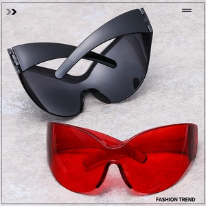 Close-up of oversized one-piece shield sunglasses in classic black and translucent red