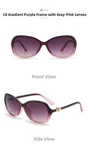 Macro detail of gradient purple frames with rose lenses and golden metal ring ornaments