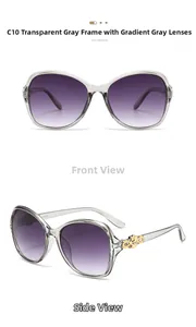 Detail of transparent grey aviator sunglasses with golden floral bow metal hinges