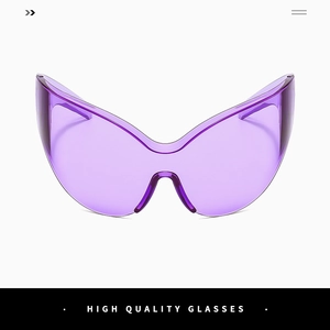 Detailed view of purple translucent butterfly shield sunglasses with high fashion futuristic style