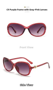 Detailed views of purple oversized sunglasses with grey-pink gradient lenses and gold accents