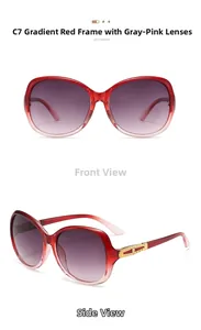 Detailed views of oversized gradient red sunglasses with elegant gold hollow temple decor