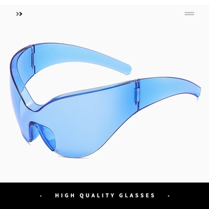 Detailed view of futuristic blue transparent rimless sunglasses with metal hinges