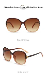 Front and side views of oversized gradient brown sunglasses with gold metal hinges