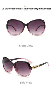 Detail view of large frame sunglasses with purple gradient lenses and gold accents
