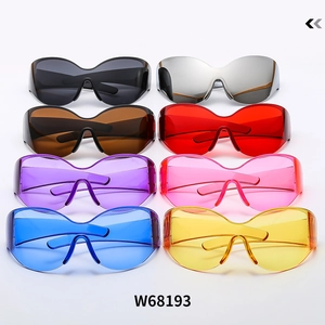 Detailed grid of futuristic oversized shield sunglasses in eight various vibrant colors