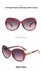 Detail view of large purple sunglasses with gold metal cut-out accents and gradient lenses