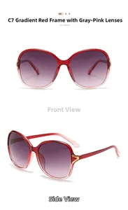 Detail view of large frame sunglasses C7 with gradient red frames and pink lenses