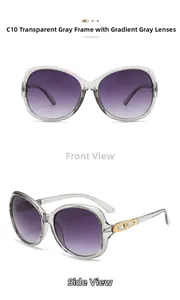 Macro detail of transparent grey sunglasses frame with gold metallic accents and gradient lens