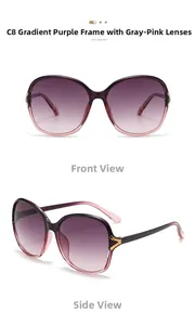 Detail of oversized round sunglasses with gradient purple frames and gold V-shaped metal trim